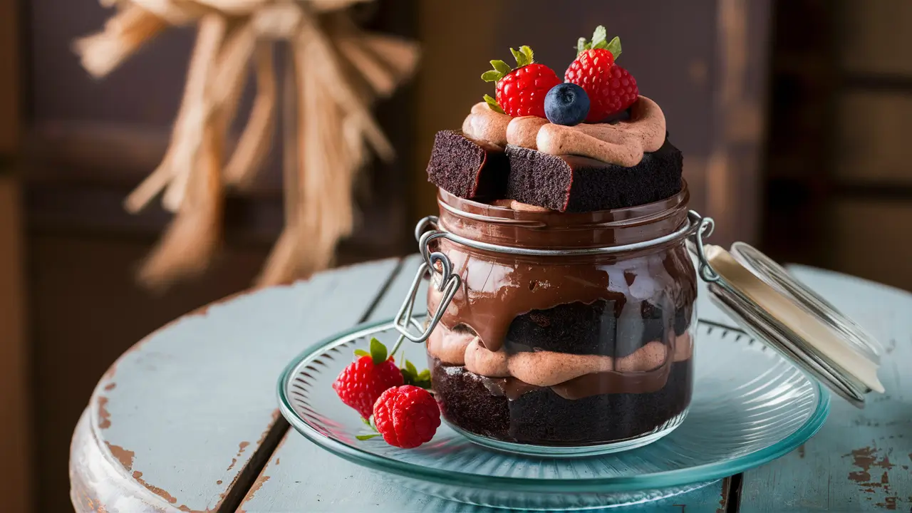 Triple Chocolate Cake in a Glass Jar with Berries