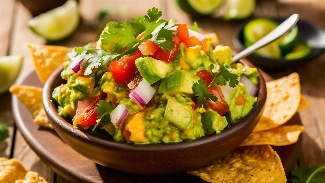  Chunky Guacamole Recipe – Freshly made guacamole with avocado chunks, tomatoes, onions, and cilantro.