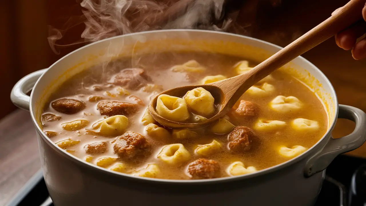 A pot of tortellini sausage soup simmering on the stove, filled with creamy broth and sausage.