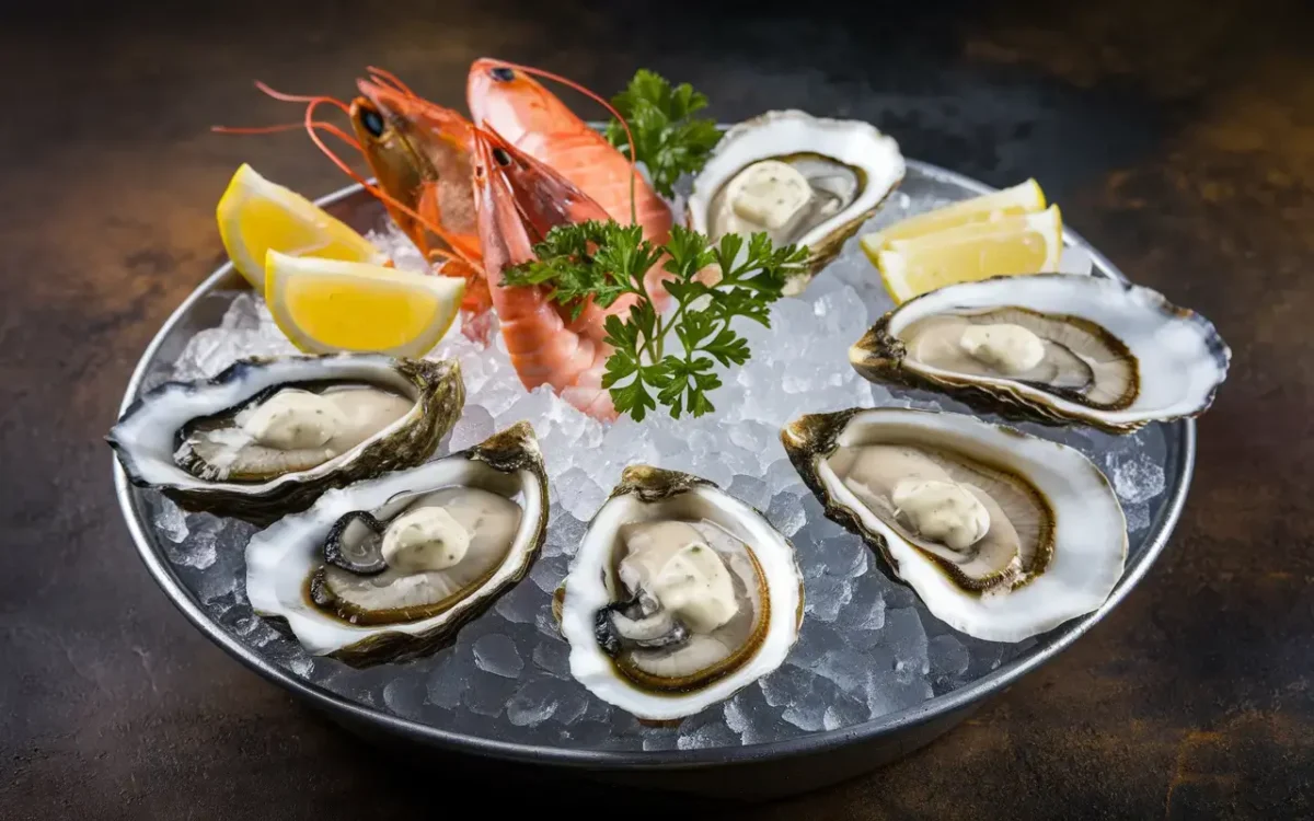 Fresh oysters on a plate with lemon slices