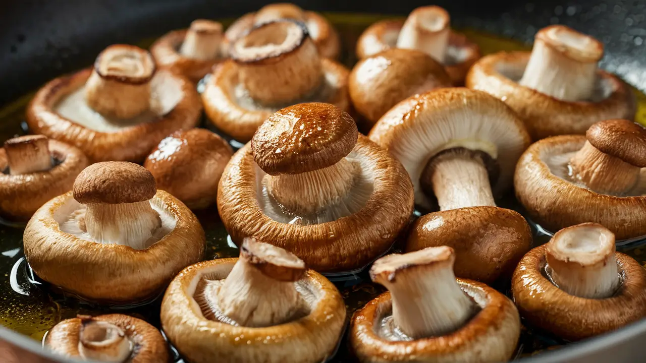 Mushrooms crisping in a pan for mac and cheese