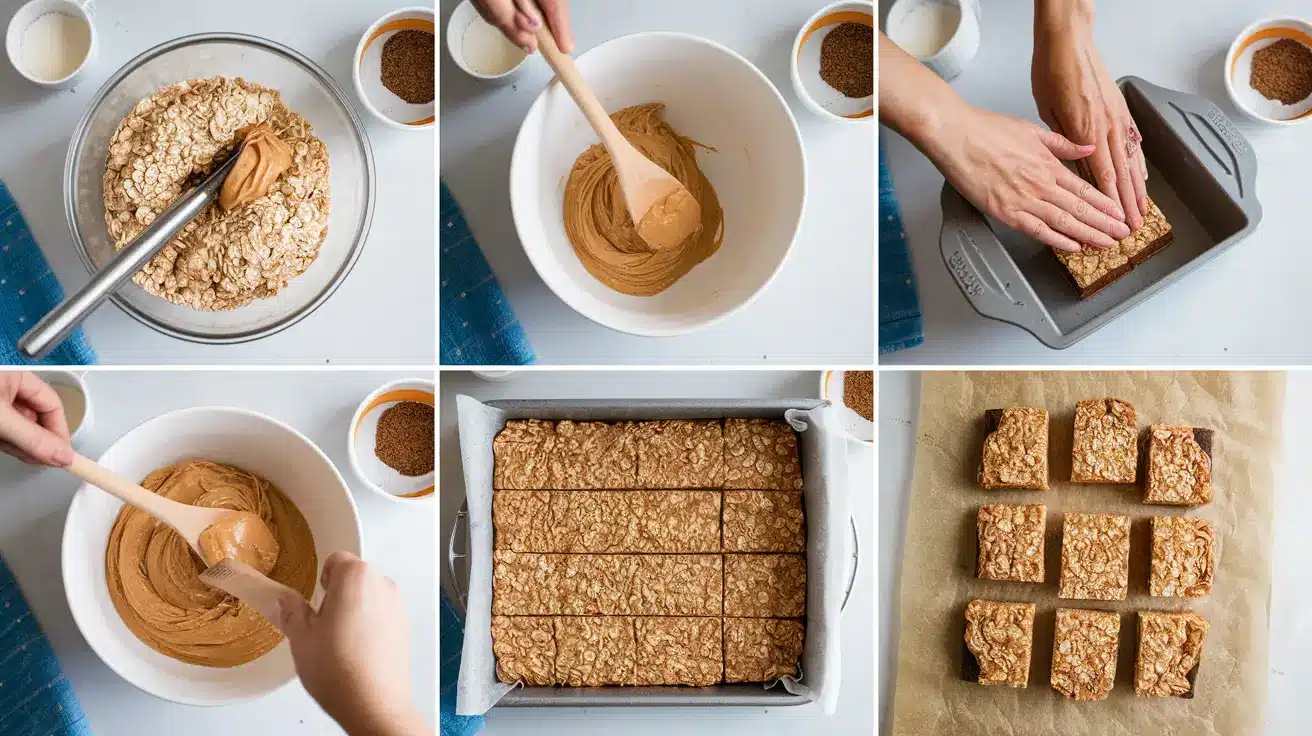 Step-by-step process of making homemade peanut butter granola bars.