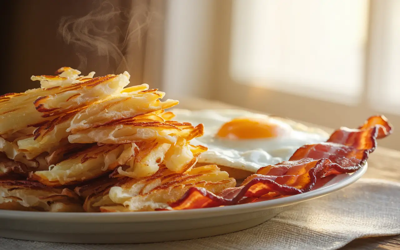 Crispy golden hash browns served with eggs and bacon on a breakfast table.