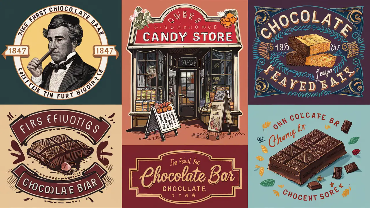 A historical timeline collage of chocolate bars, from 1847 to modern gourmet chocolate