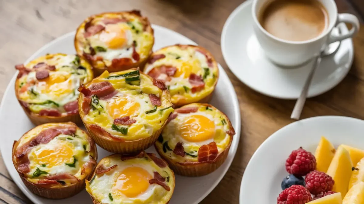 Freshly baked breakfast egg muffins with cheese and veggies