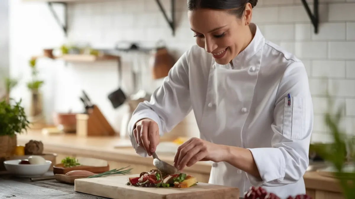 Professional chef preparing a homemade meal with fresh ingredients in a cozy kitchen