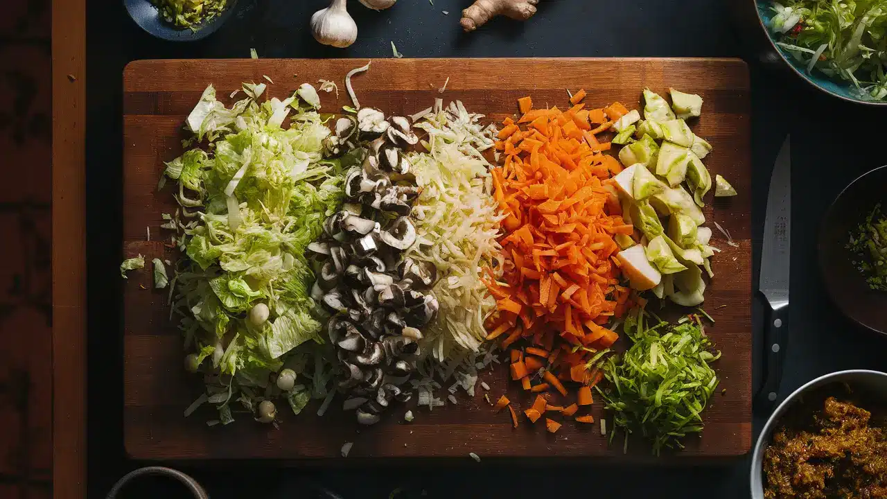 Chopped vegetables for dumpling filling on a wooden board