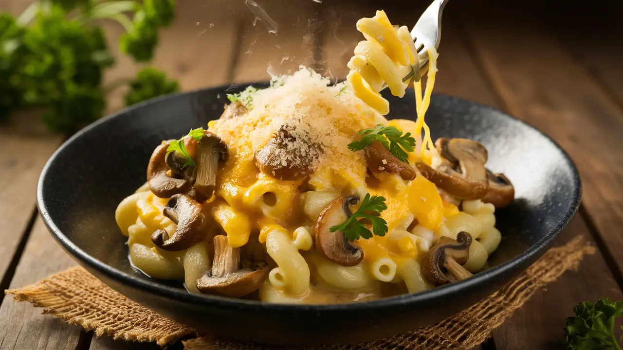 A plated serving of mac and cheese with crispy mushrooms, garnished with parsley.