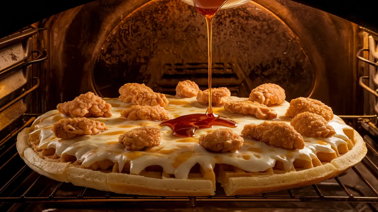 Chicken and waffles pizza baking in the oven