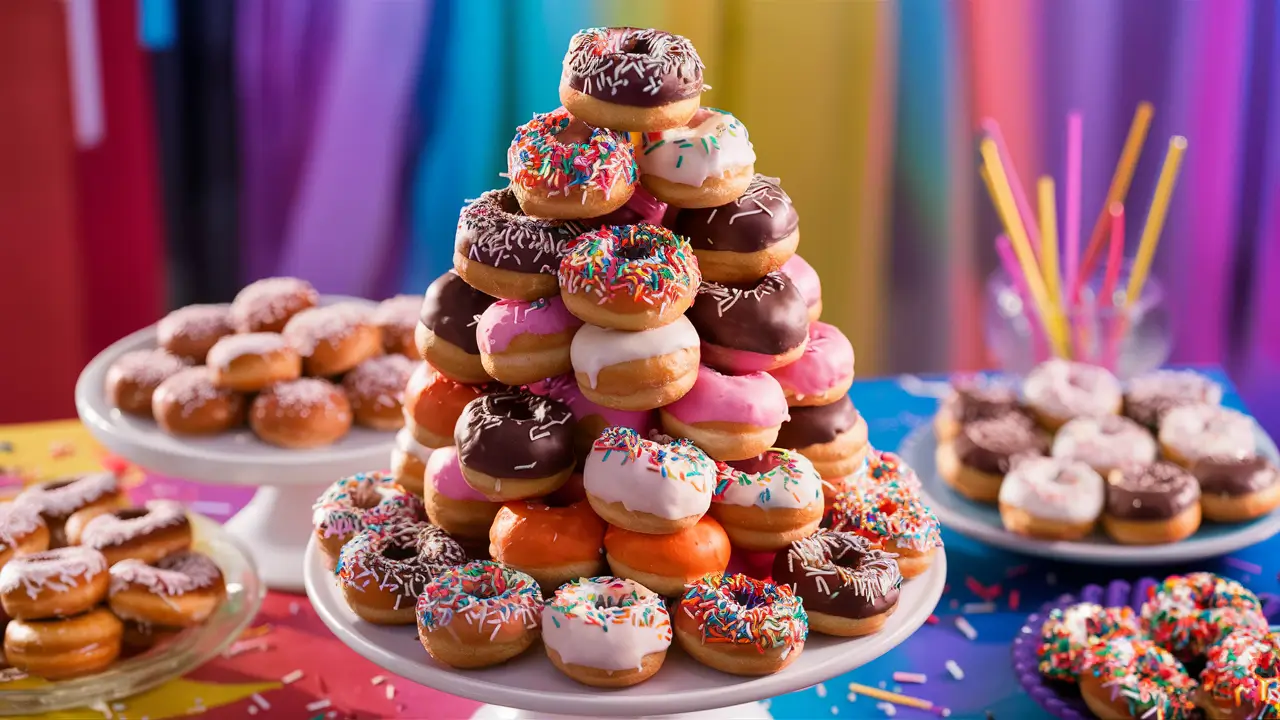 A colorful tower of assorted mini donuts at a party.