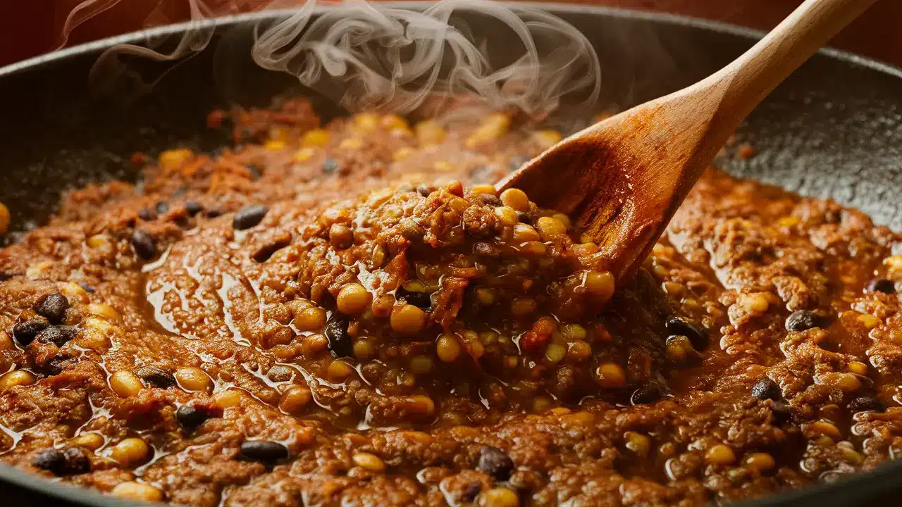 Vegetarian taco meat being cooked in a pan with spices.