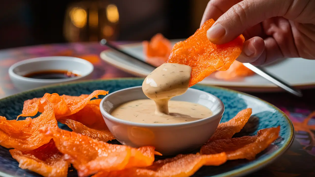 Dipping salmon skin chips into a creamy garlic aioli