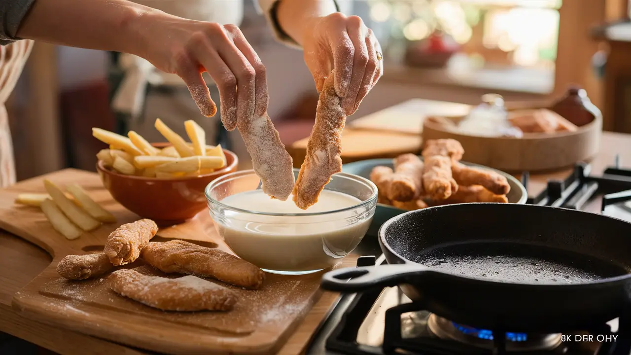 Homemade chicken strips being prepared in a kitchen