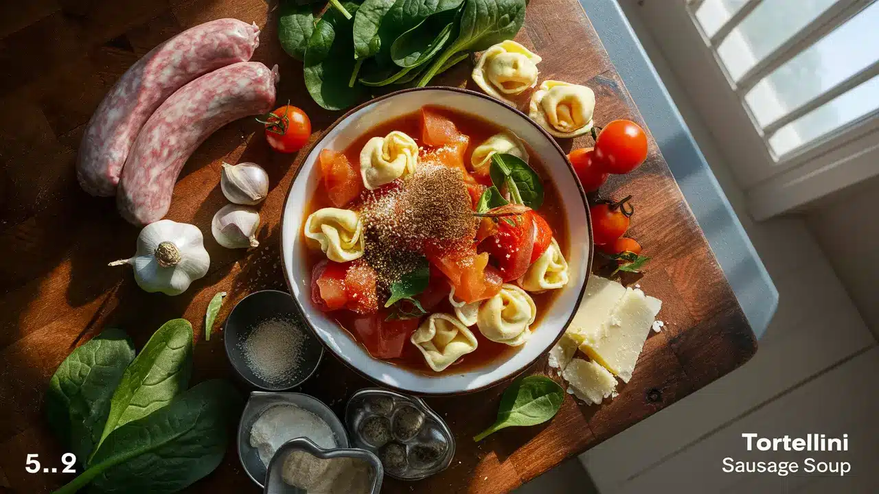 Fresh ingredients for making tortellini sausage soup, including sausage, tortellini, and spices.