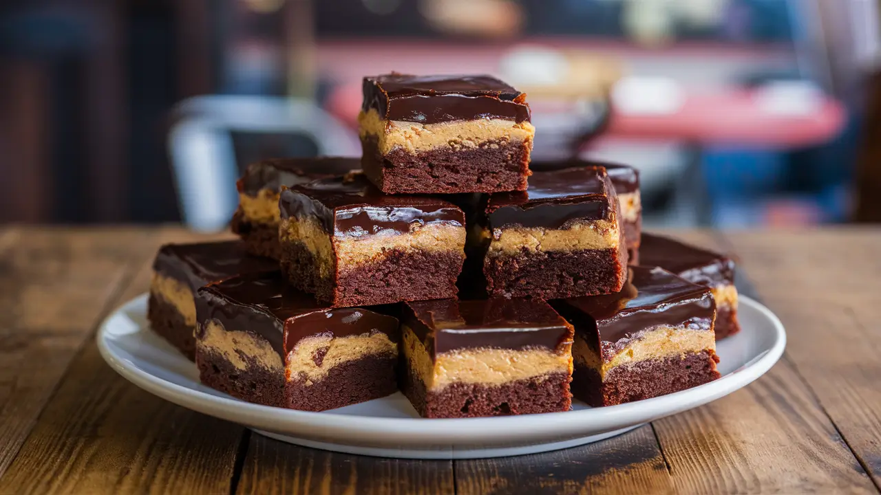 Are Buckeye brownies in the UK? A plate of peanut butter and chocolate brownies.