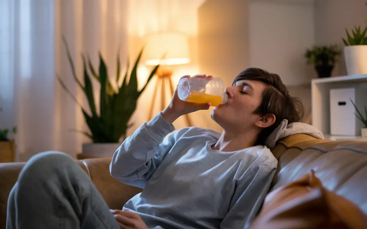 A person drinking an electrolyte solution after food poisoning