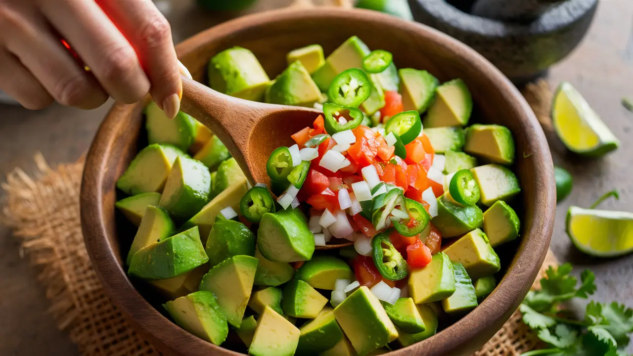 Hands mashing avocado in a bowl while adding fresh ingredients.