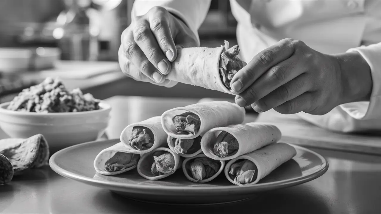 Rolling chicken taquitos before frying