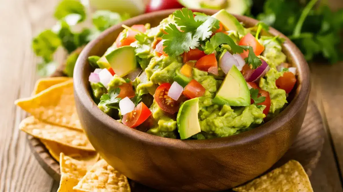 Homemade chunky guacamole served in a rustic wooden bowl with tortilla chips.