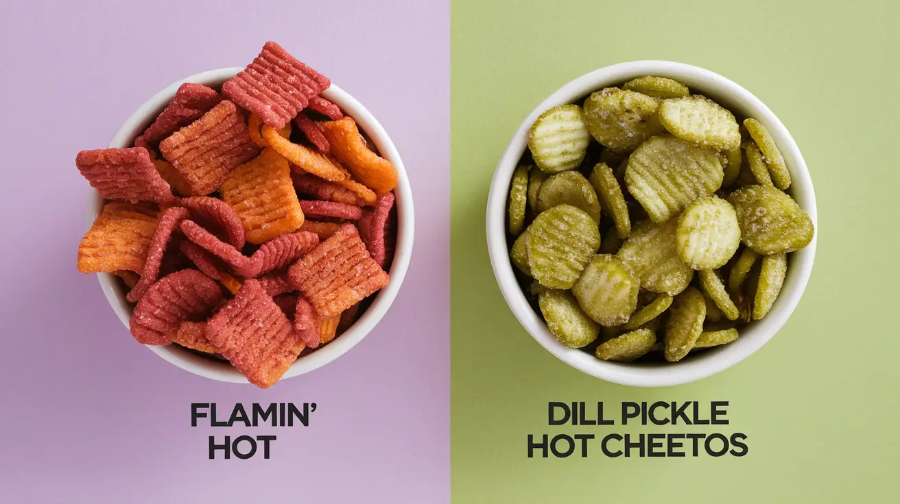 Comparison of Flamin’ Hot Cheetos and Dill Pickle Hot Cheetos side by side