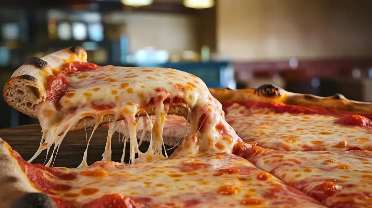 Close-up of a New Yorker pizza slice with cheese pull.