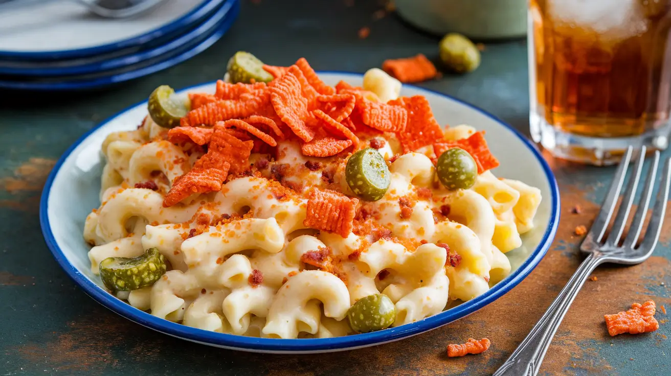 Mac and cheese topped with crushed Dill Pickle Hot Cheetos