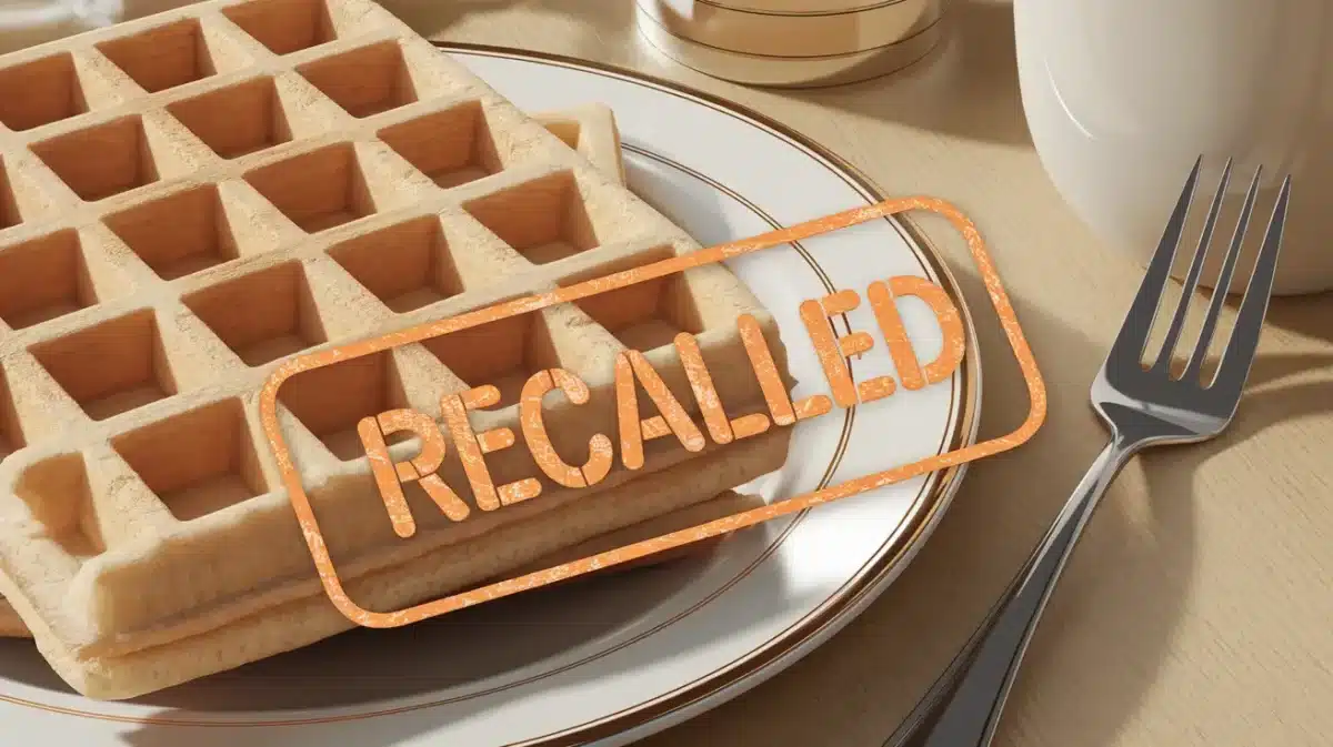 Eggo waffles recall warning label on a breakfast table.