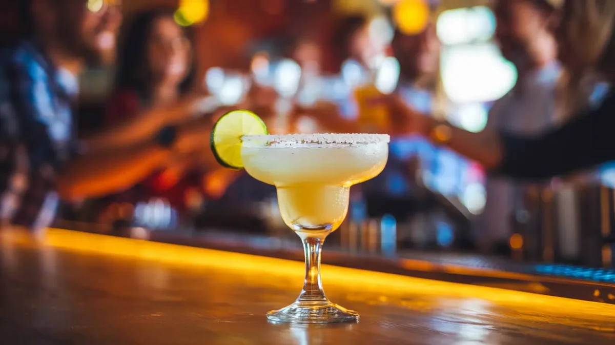 Classic margarita in a salt-rimmed glass with lime