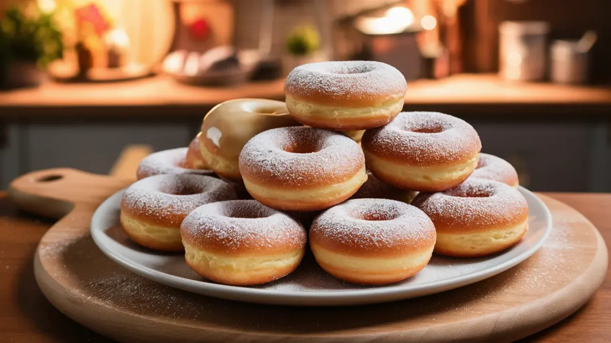 A plate of freshly baked mini donuts with powdered sugar and glaze.