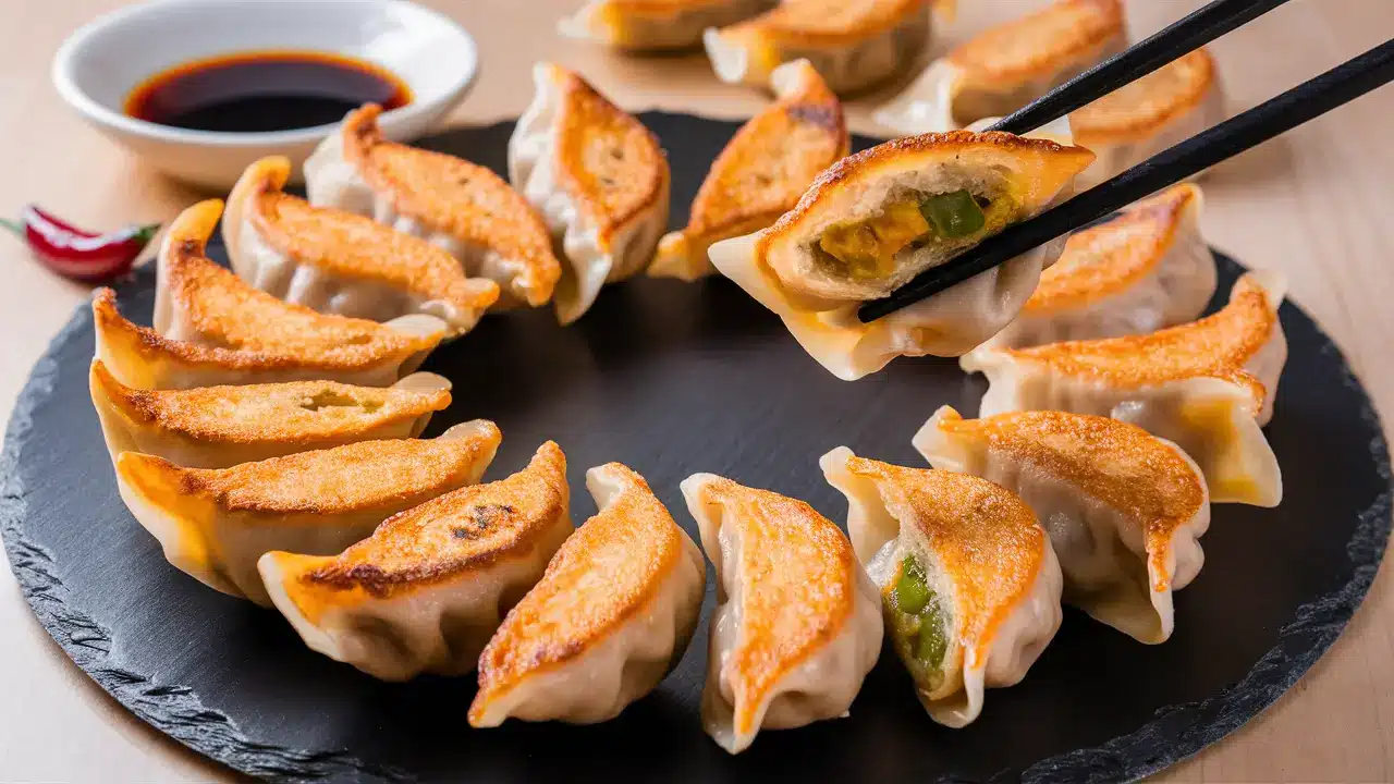 Crispy pan-fried vegetable dumplings on a plate