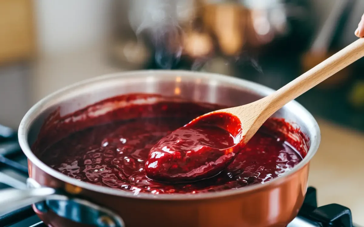 Thick homemade strawberry pie filling in a saucepan