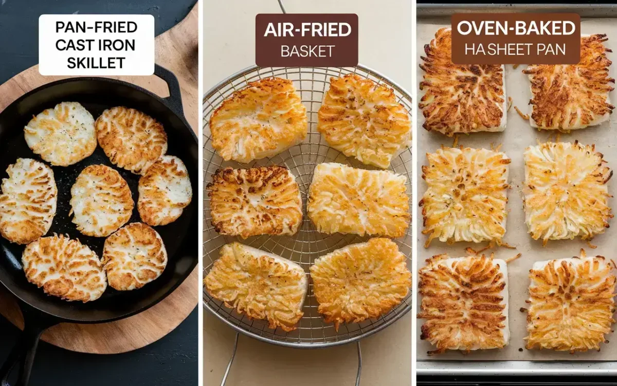 Side-by-side comparison of pan-fried, air-fried, and oven-baked hash browns