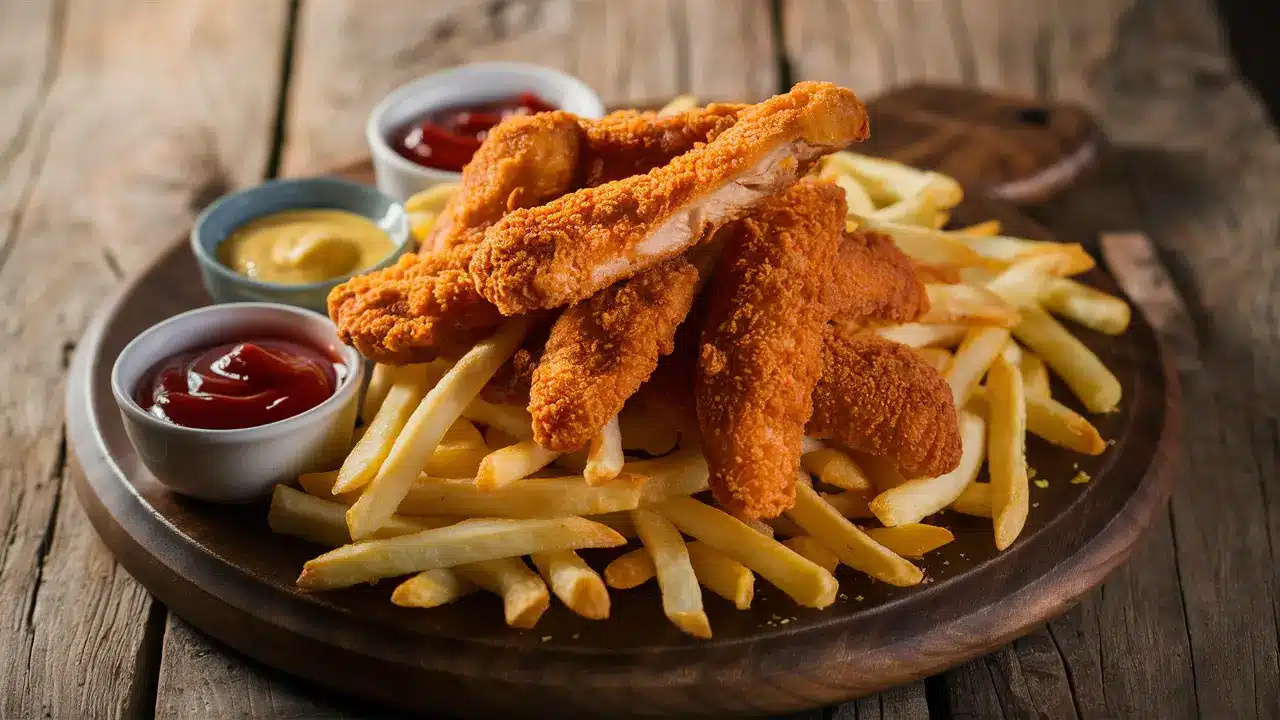 Chicken strips and French fries served with dipping sauces