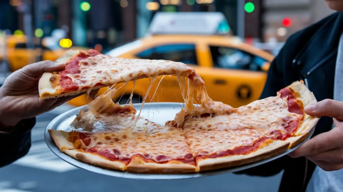 A person folding a New Yorker pizza slice