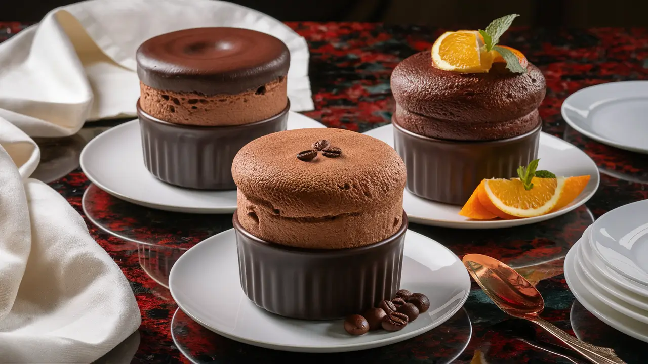 Three variations of chocolate soufflé – classic, espresso, Grand Marnier