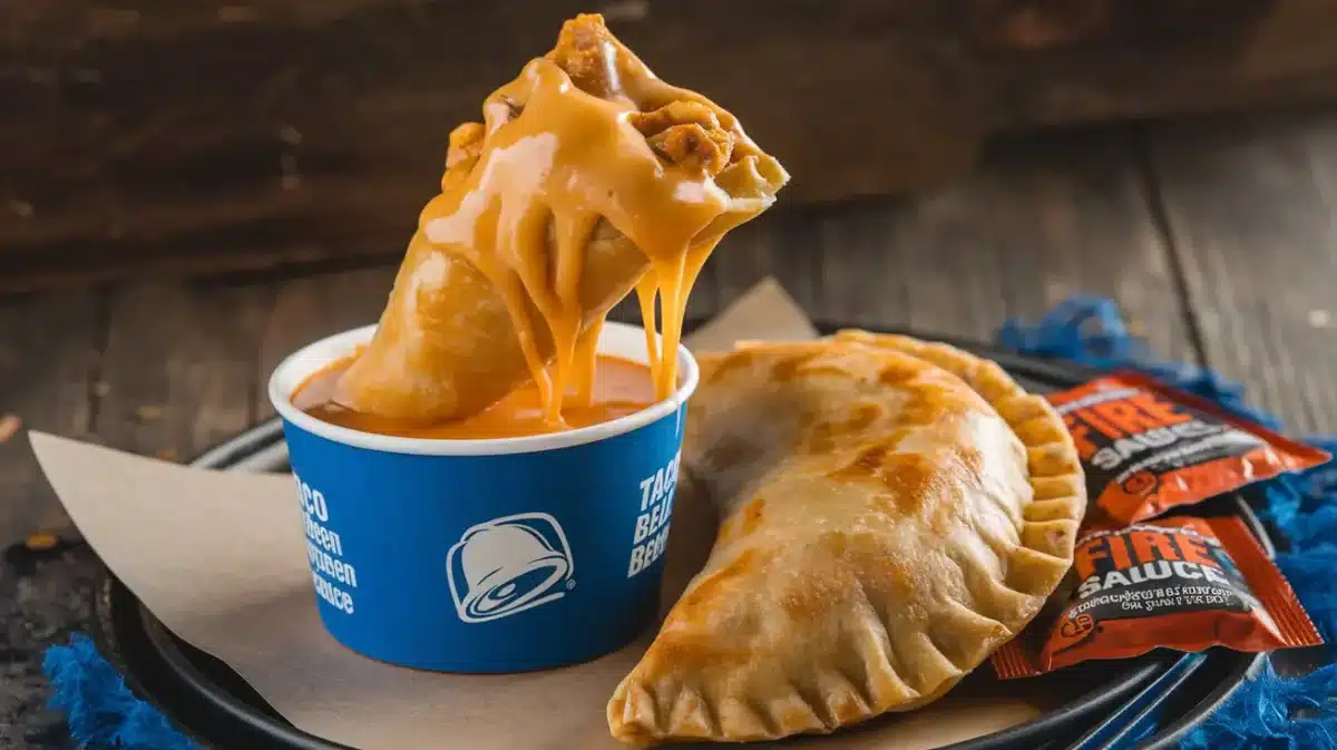 Taco Bell Chicken Empanada dipped in nacho cheese