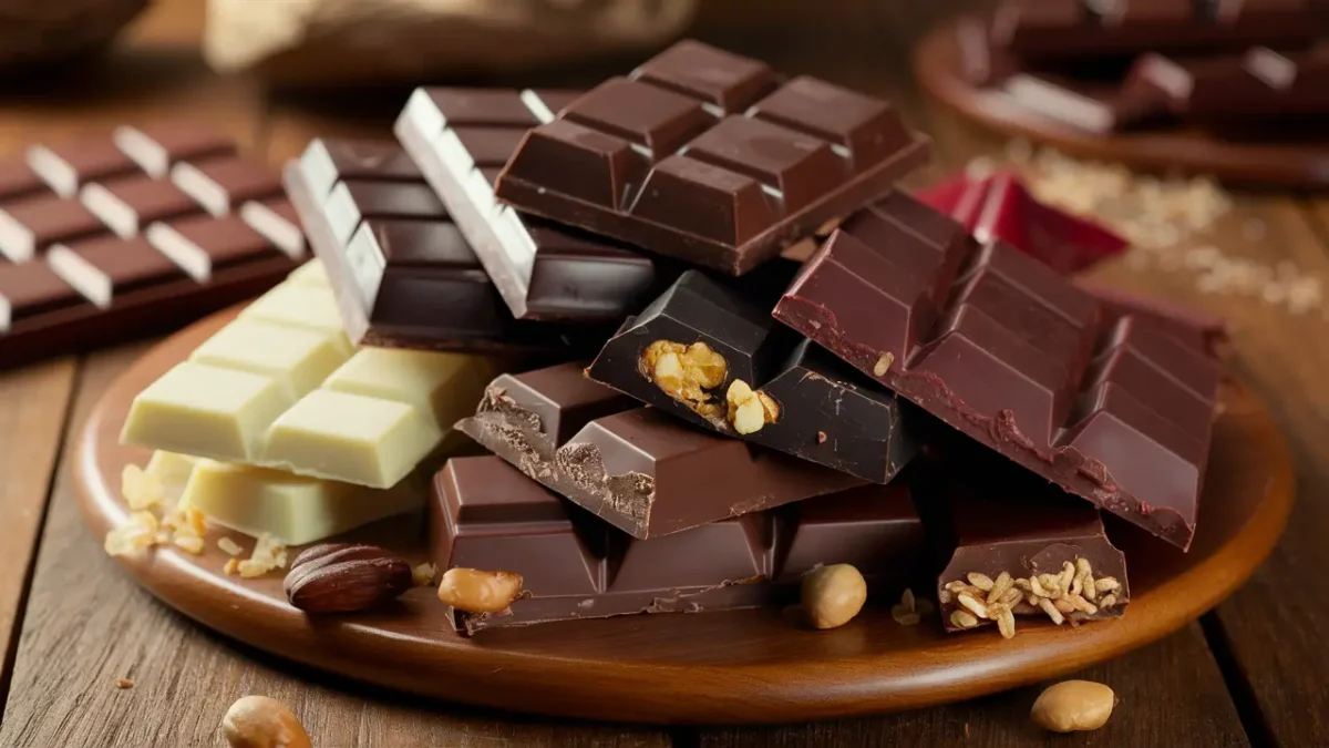 A variety of chocolate bars including milk, dark, white, and ruby chocolate on a wooden table