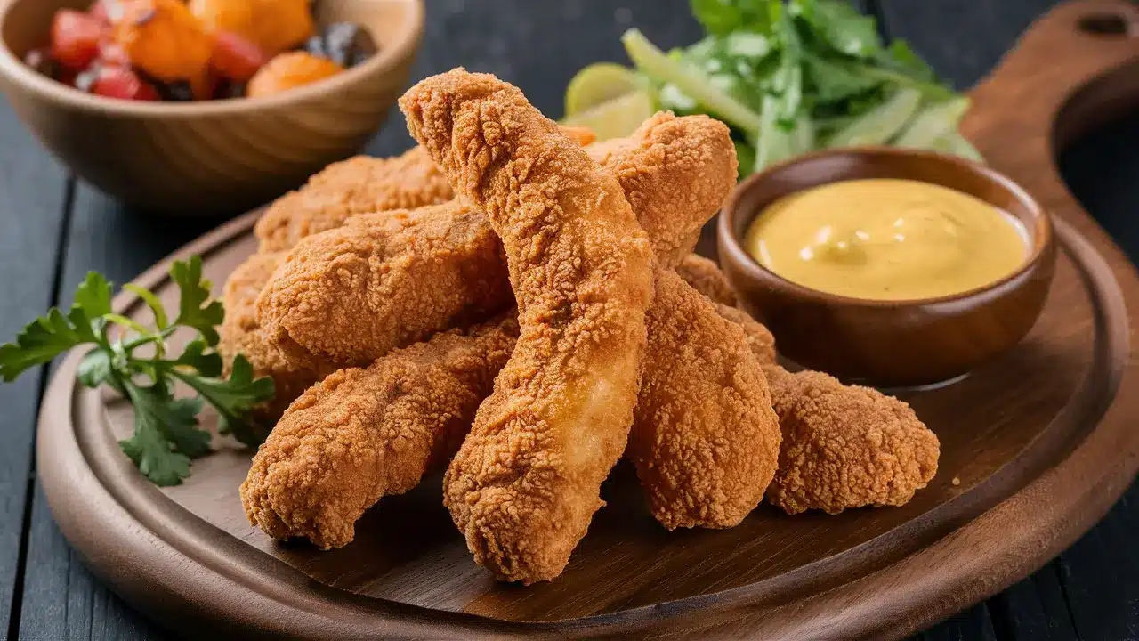 Golden-brown crispy chicken strips with honey mustard sauce