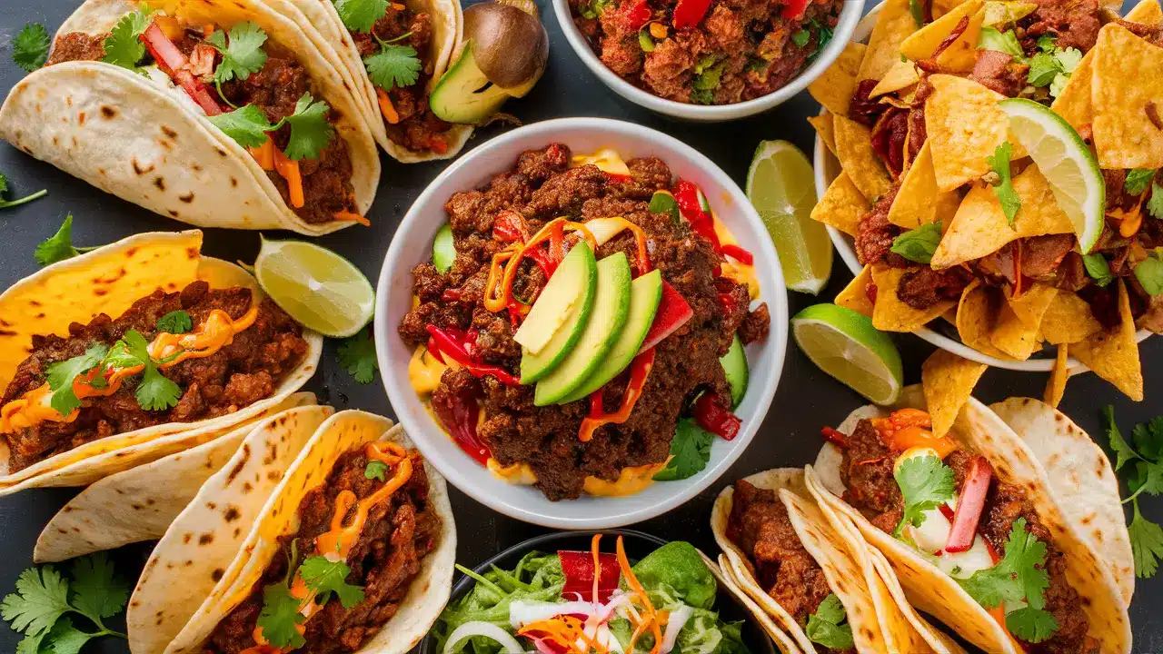 Vegetarian taco meat served in tacos, bowls, and nachos.