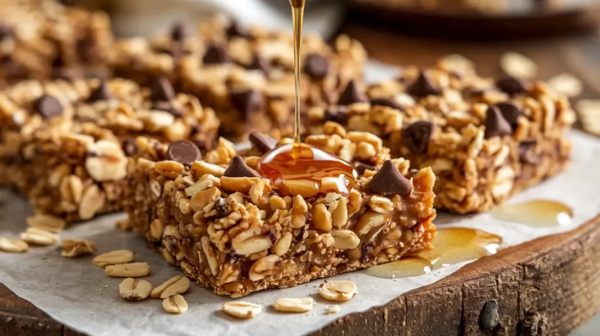 Delicious homemade peanut butter granola bars on a wooden table.