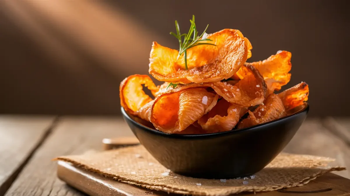 Crispy salmon skin chips in a bowl with sea salt