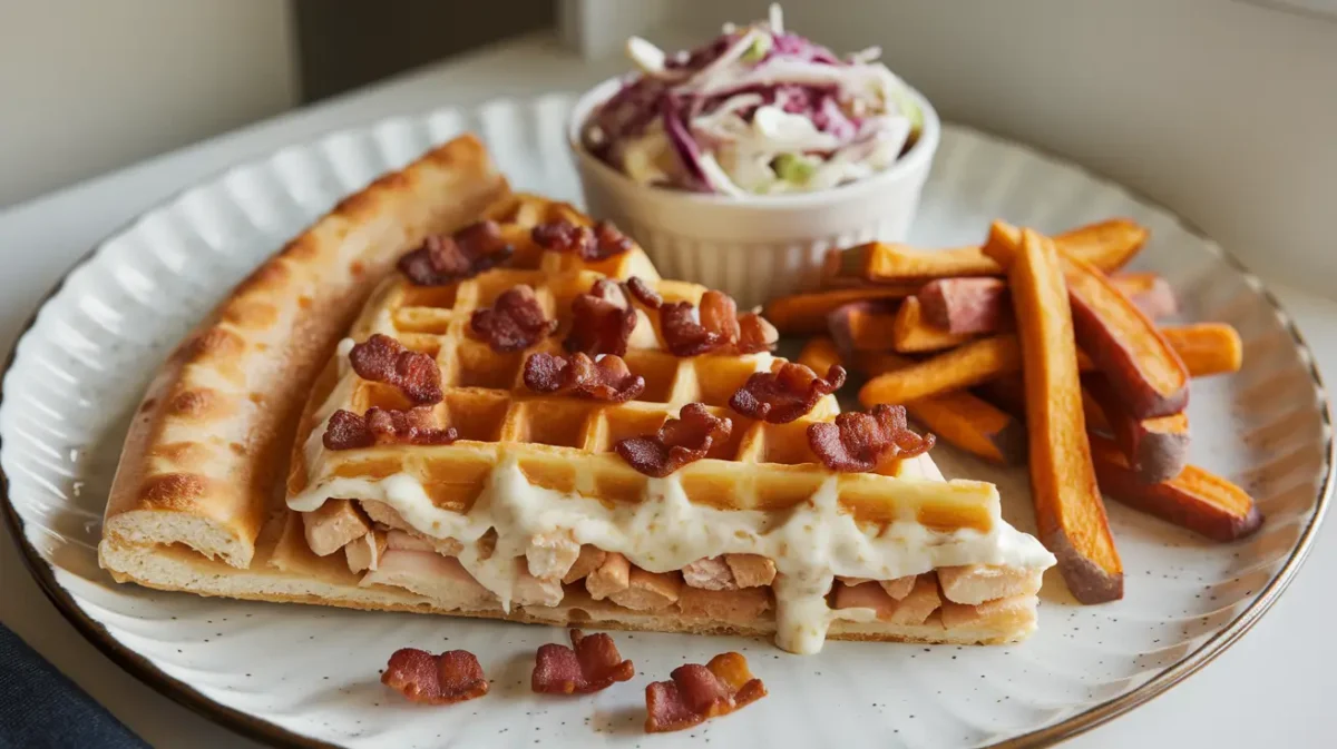 Served chicken and waffles pizza slice with sides