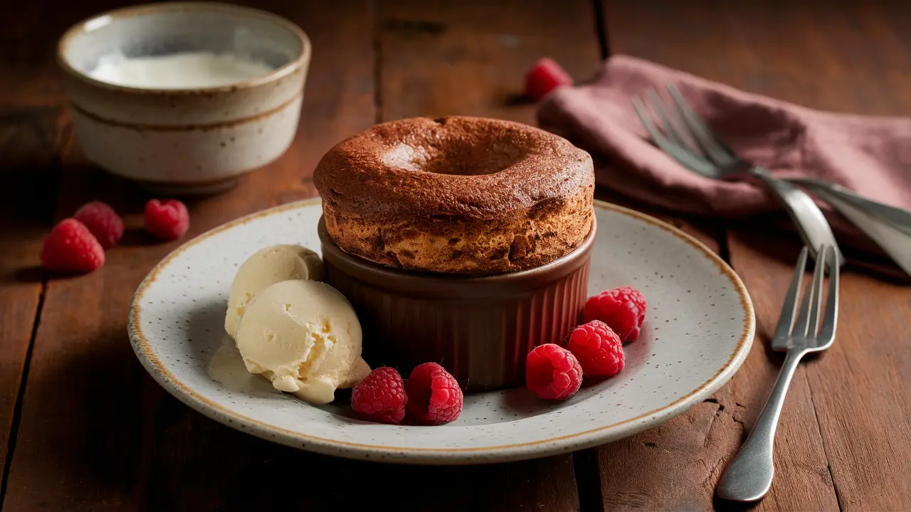 Chocolate soufflé served with vanilla ice cream and raspberries