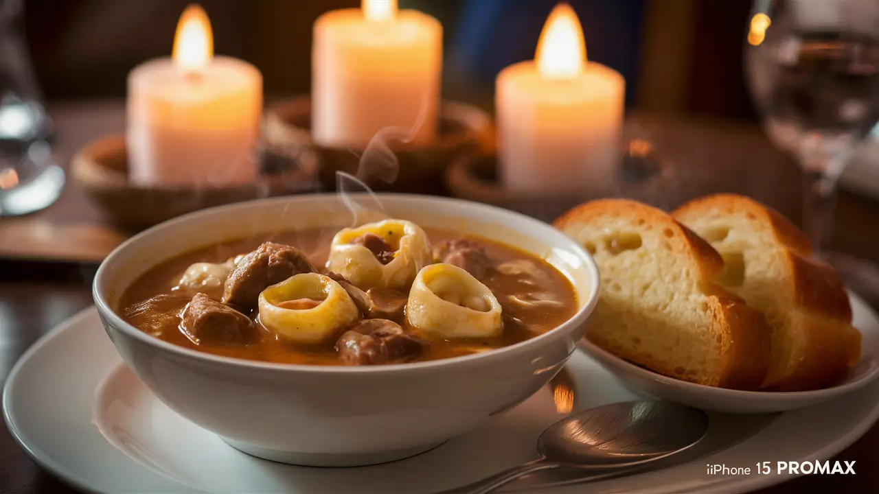 A bowl of tortellini sausage soup served with garlic bread and wine