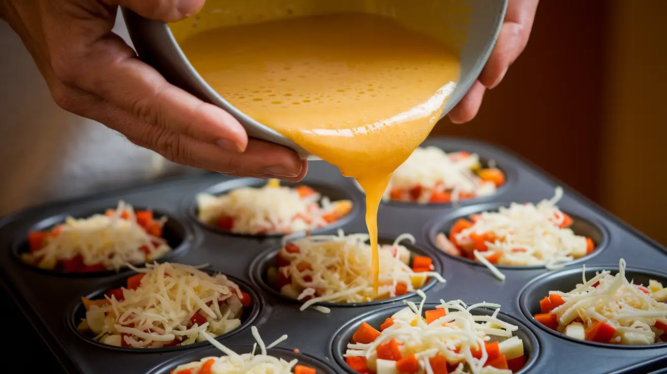 Pouring egg mixture into muffin tins for breakfast egg muffins.