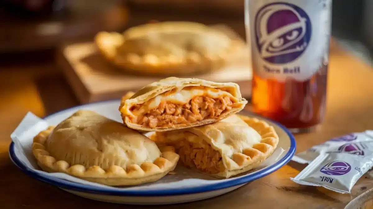 Taco Bell Chicken Empanadas on a plate with sauce packets