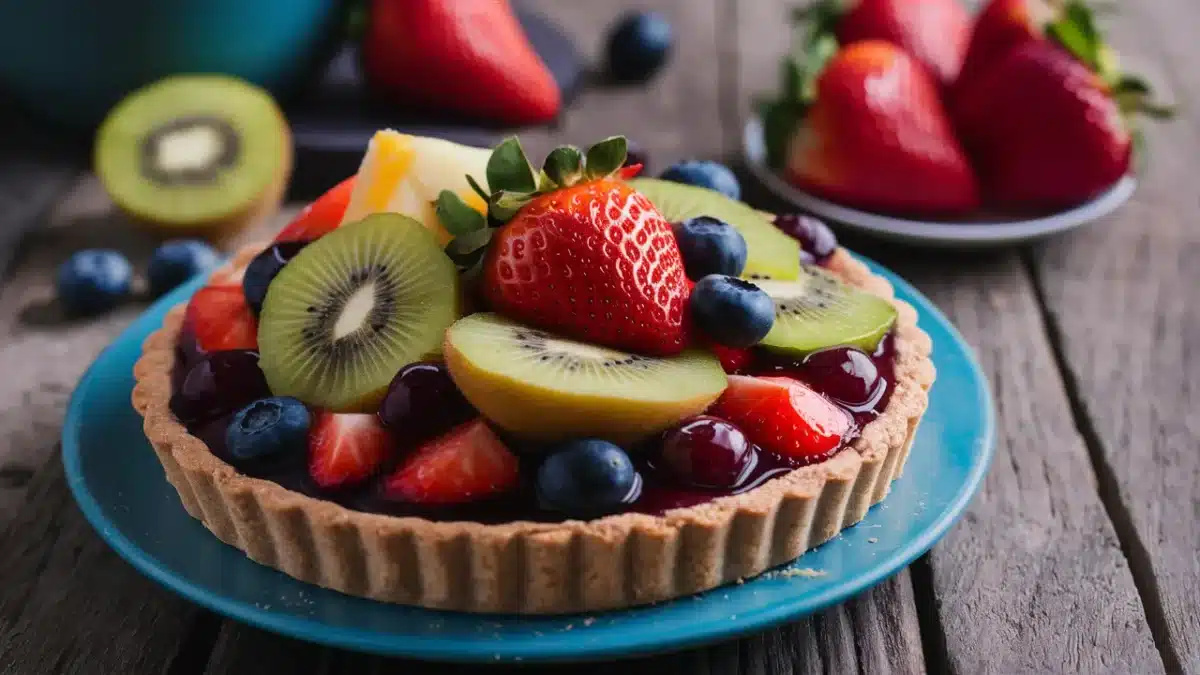 Close-up of a Whole Foods fruit tart with fresh fruit toppings.