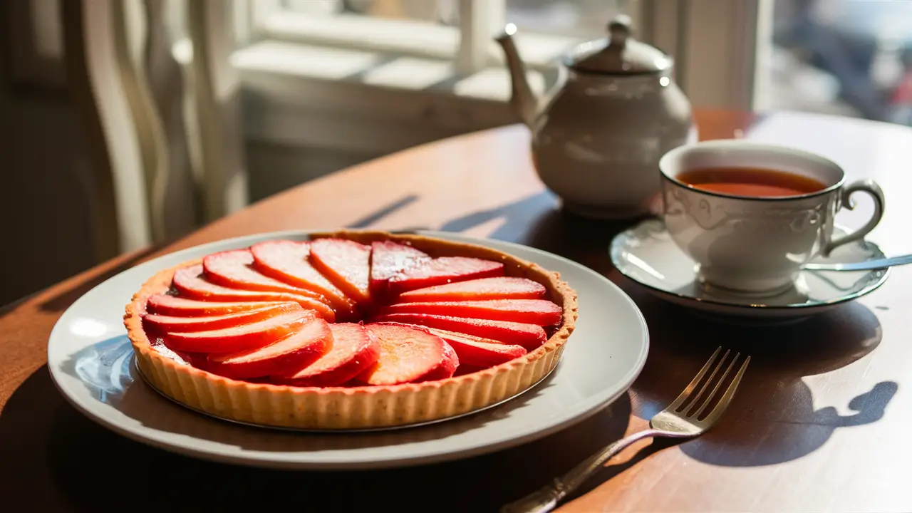 A slice of Whole Foods fruit tart served with tea