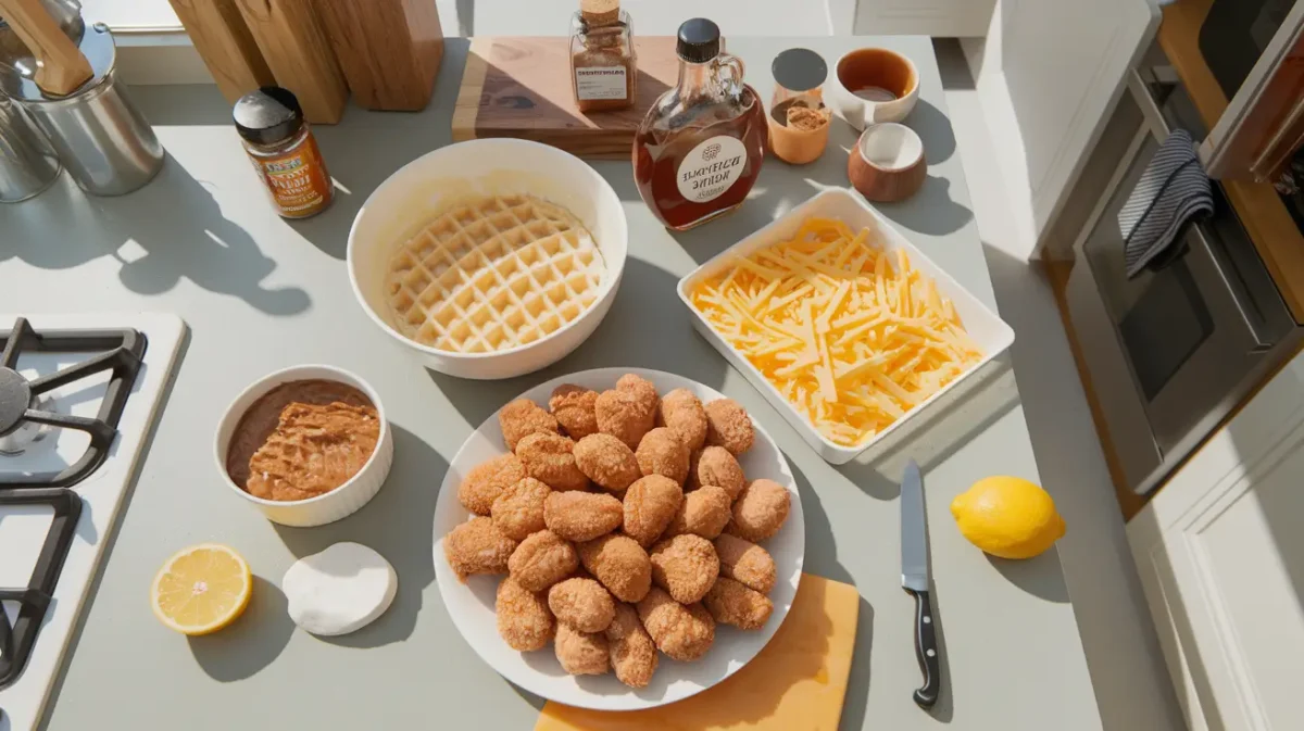 Ingredients for making chicken and waffles pizza