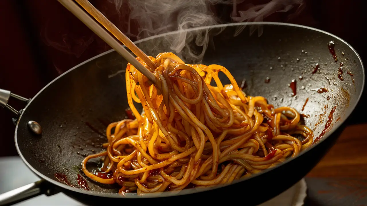 Tossing Noodles in Teriyaki Sauce